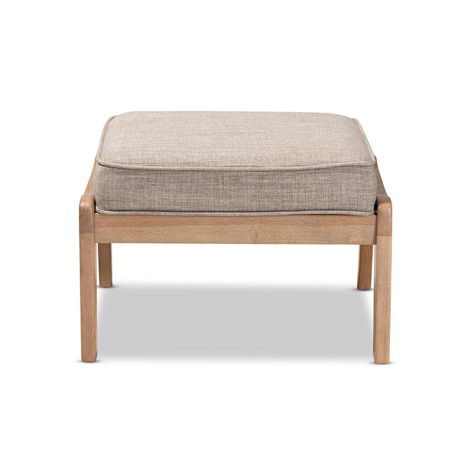 Sigrid Mid-Century Modern Light Grey Fabric Upholstered Antique Oak Finished Wood Ottoman. Picture 2