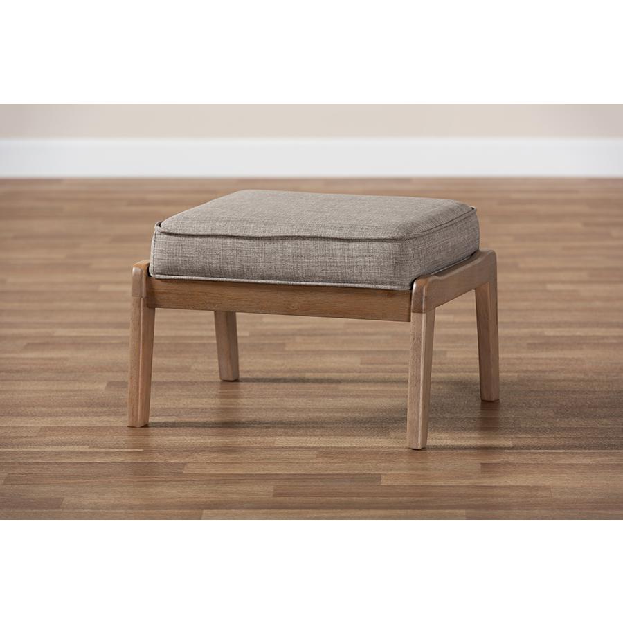 Sigrid Mid-Century Modern Light Grey Fabric Upholstered Antique Oak Finished Wood Ottoman. Picture 6