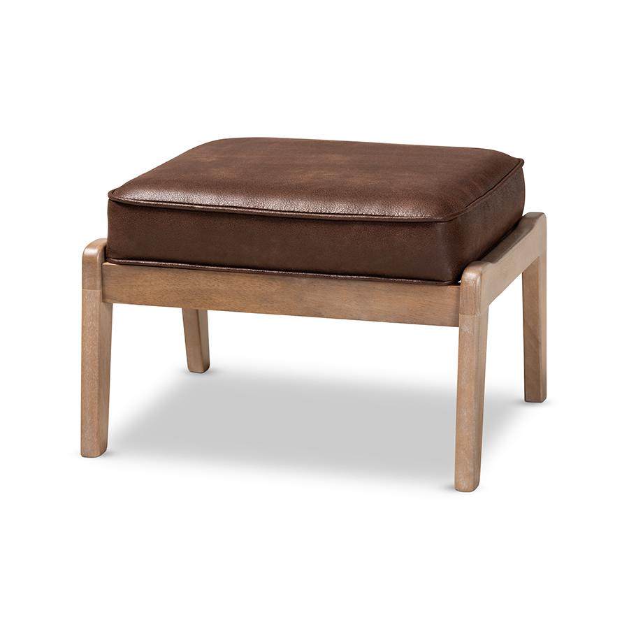 Sigrid Mid-Century Modern Dark Brown Faux Leather Effect Fabric Upholstered Antique Oak Finished Wood Ottoman. Picture 1