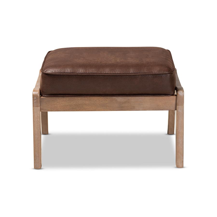 Sigrid Mid-Century Modern Dark Brown Faux Leather Effect Fabric Upholstered Antique Oak Finished Wood Ottoman. Picture 2