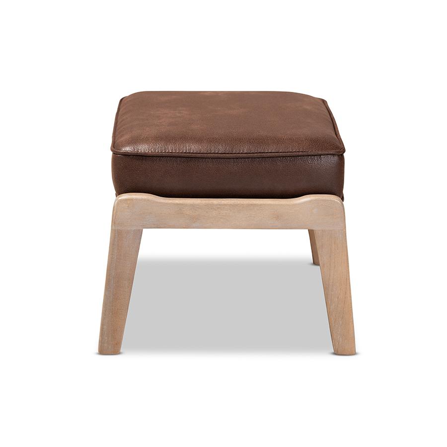Sigrid Mid-Century Modern Dark Brown Faux Leather Effect Fabric Upholstered Antique Oak Finished Wood Ottoman. Picture 3