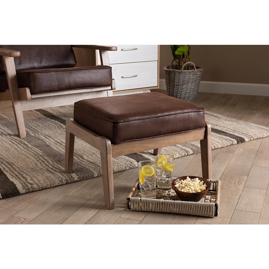 Sigrid Mid-Century Modern Dark Brown Faux Leather Effect Fabric Upholstered Antique Oak Finished Wood Ottoman. Picture 5
