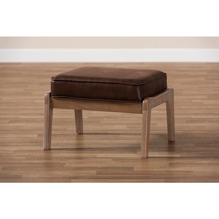 Leather Effect Fabric Upholstered Antique Oak Finished Wood Ottoman. Picture 6