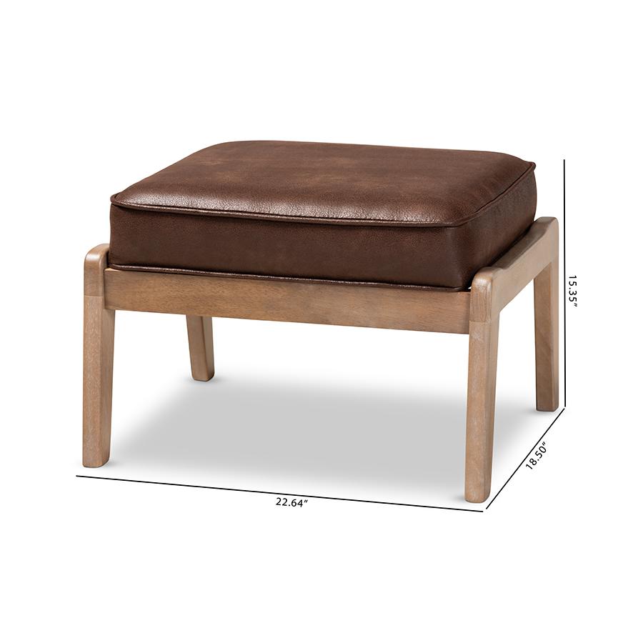 Sigrid Mid-Century Modern Dark Brown Faux Leather Effect Fabric Upholstered Antique Oak Finished Wood Ottoman. Picture 7