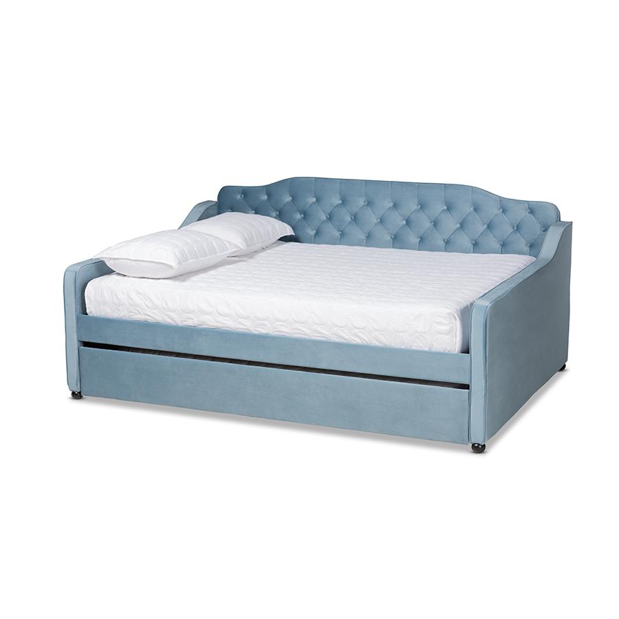 Baxton Studio Freda Transitional and Contemporary Grey Velvet Fabric Upholstered and Button Tufted Full Size Daybed with Trundle. The main picture.