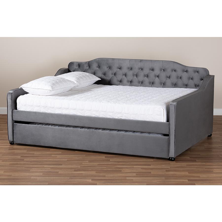 Grey Velvet Fabric Upholstered and Button Tufted Full Size Daybed with Trundle. Picture 10