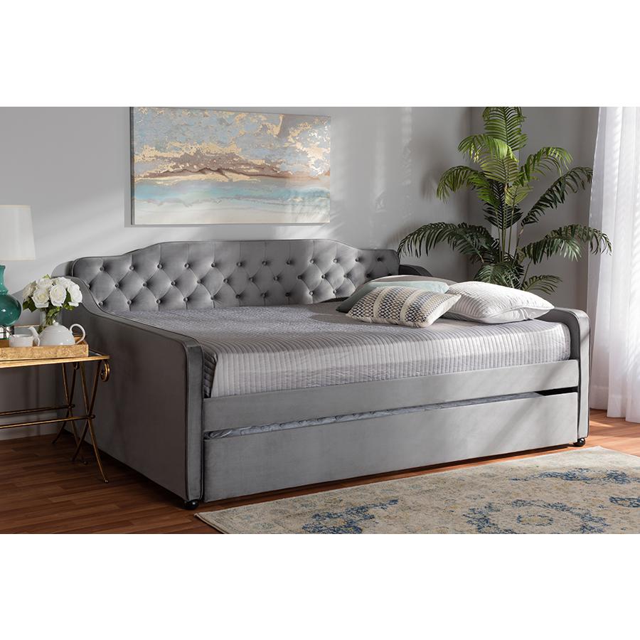 Baxton Studio Freda Transitional and Contemporary Light Blue Velvet Fabric Upholstered and Button Tufted Queen Size Daybed with Trundle. Picture 8