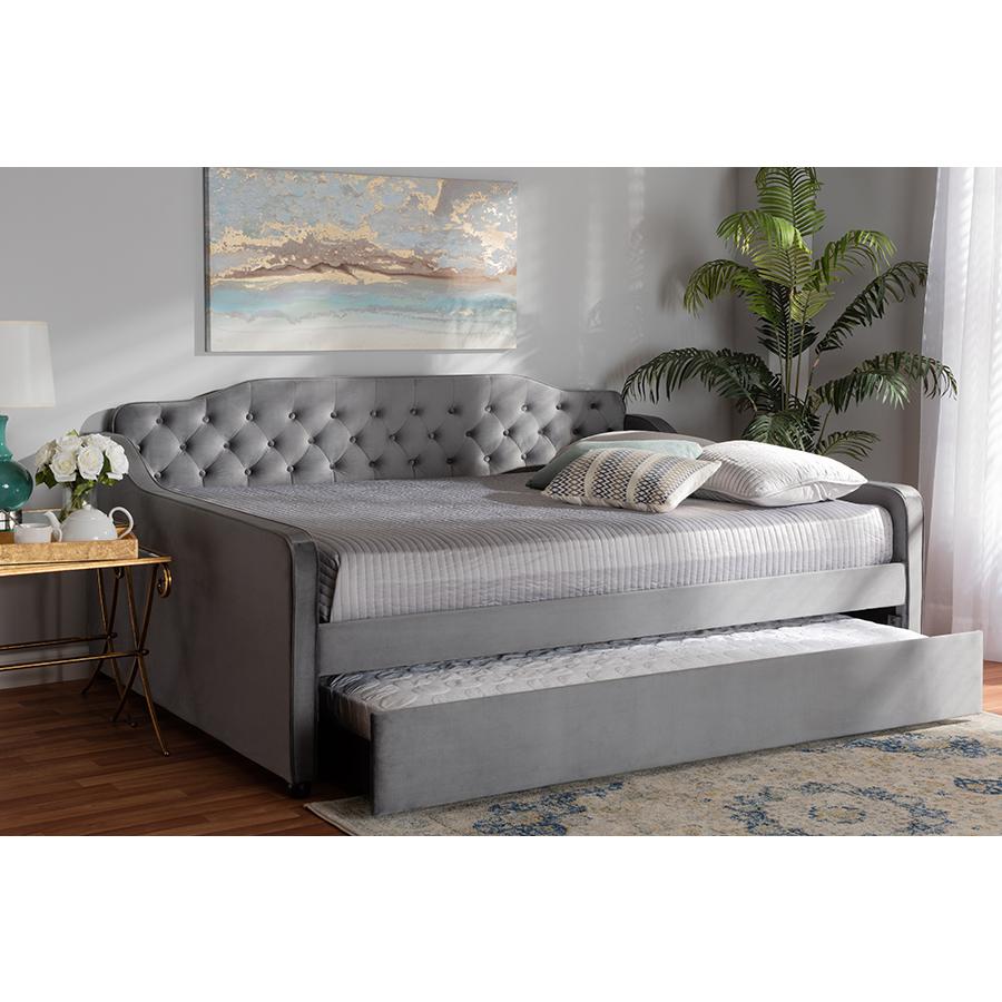 Grey Velvet Fabric Upholstered and Button Tufted Full Size Daybed with Trundle. Picture 9