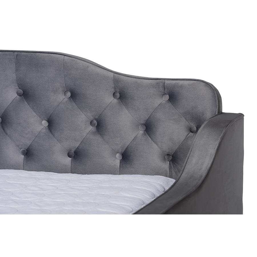 Grey Velvet Fabric Upholstered and Button Tufted Full Size Daybed. Picture 4