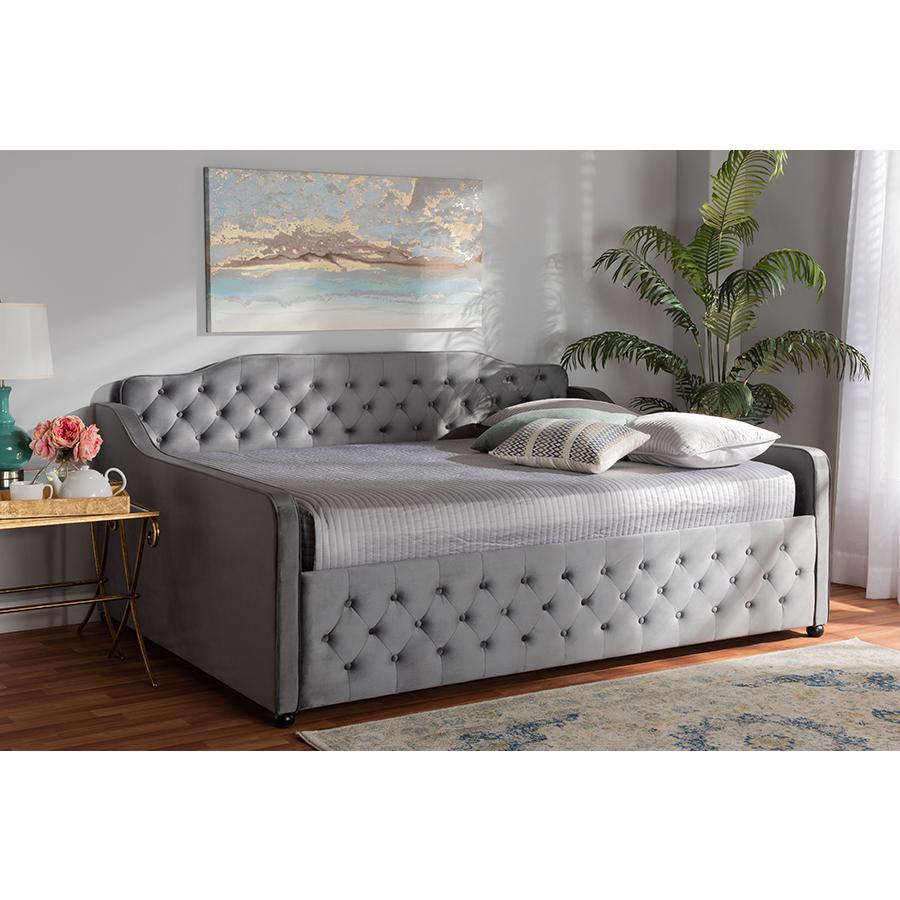 Grey Velvet Fabric Upholstered and Button Tufted Full Size Daybed. Picture 6