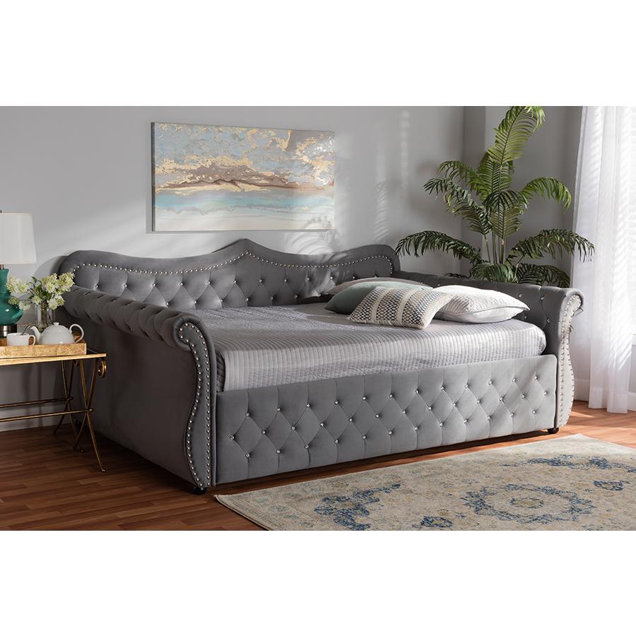 Baxton Studio Abbie Traditional and Transitional Light Blue Velvet Fabric Upholstered and Crystal Tufted Queen Size Daybed. Picture 7