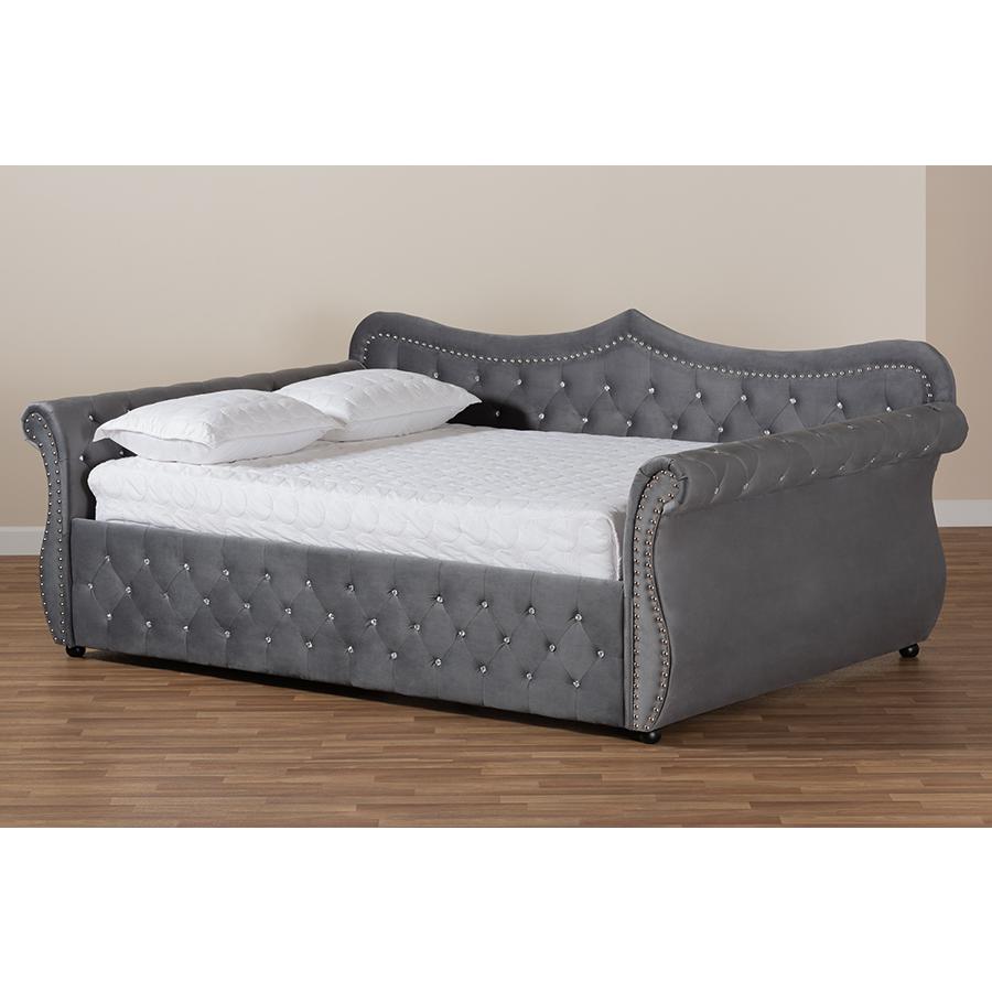 Baxton Studio Abbie Traditional and Transitional Light Blue Velvet Fabric Upholstered and Crystal Tufted Queen Size Daybed. Picture 8