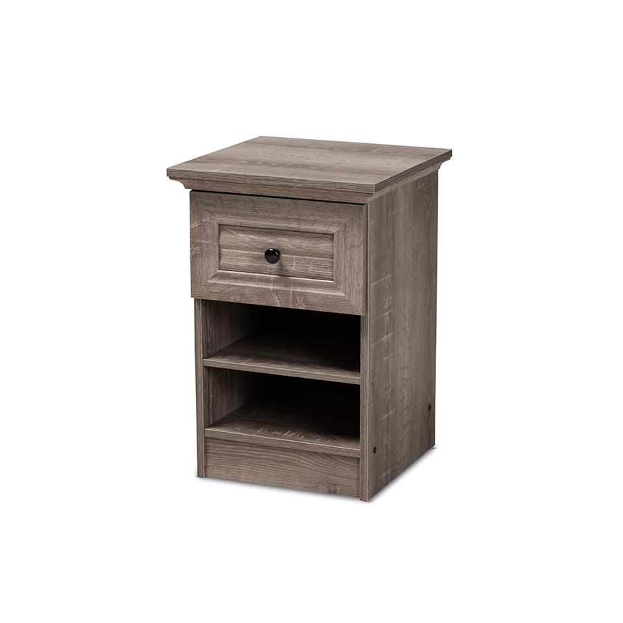 Dara Traditional Transitional Grey Brown Oak Finished 1-Drawer Wood Nightstand. Picture 1