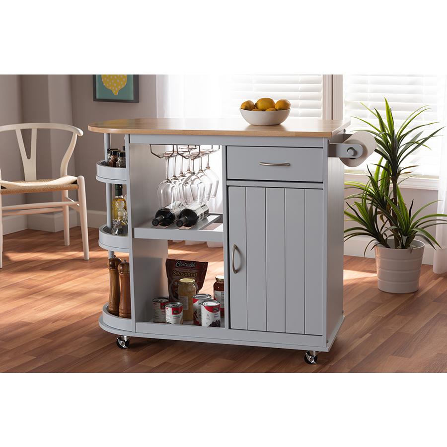 Baxton Studio Donnie Coastal and Farmhouse TwoTone Light Grey and Natural Finished Wood Kitchen Storage Cart. Picture 11