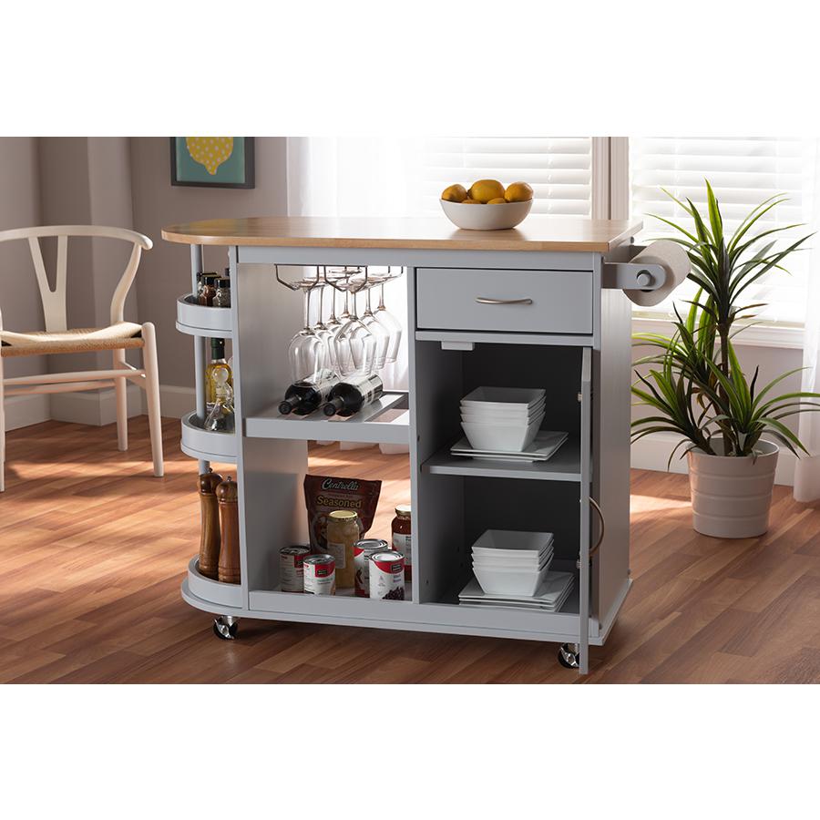 Baxton Studio Donnie Coastal and Farmhouse TwoTone Light Grey and Natural Finished Wood Kitchen Storage Cart. Picture 12