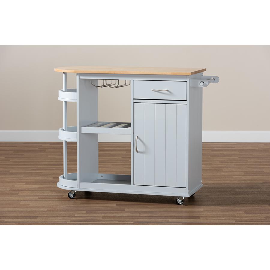 Baxton Studio Donnie Coastal and Farmhouse TwoTone Light Grey and Natural Finished Wood Kitchen Storage Cart. Picture 13