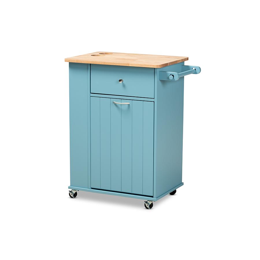 Liona Modern and Contemporary Sky Blue Finished Wood Kitchen Storage Cart. Picture 1