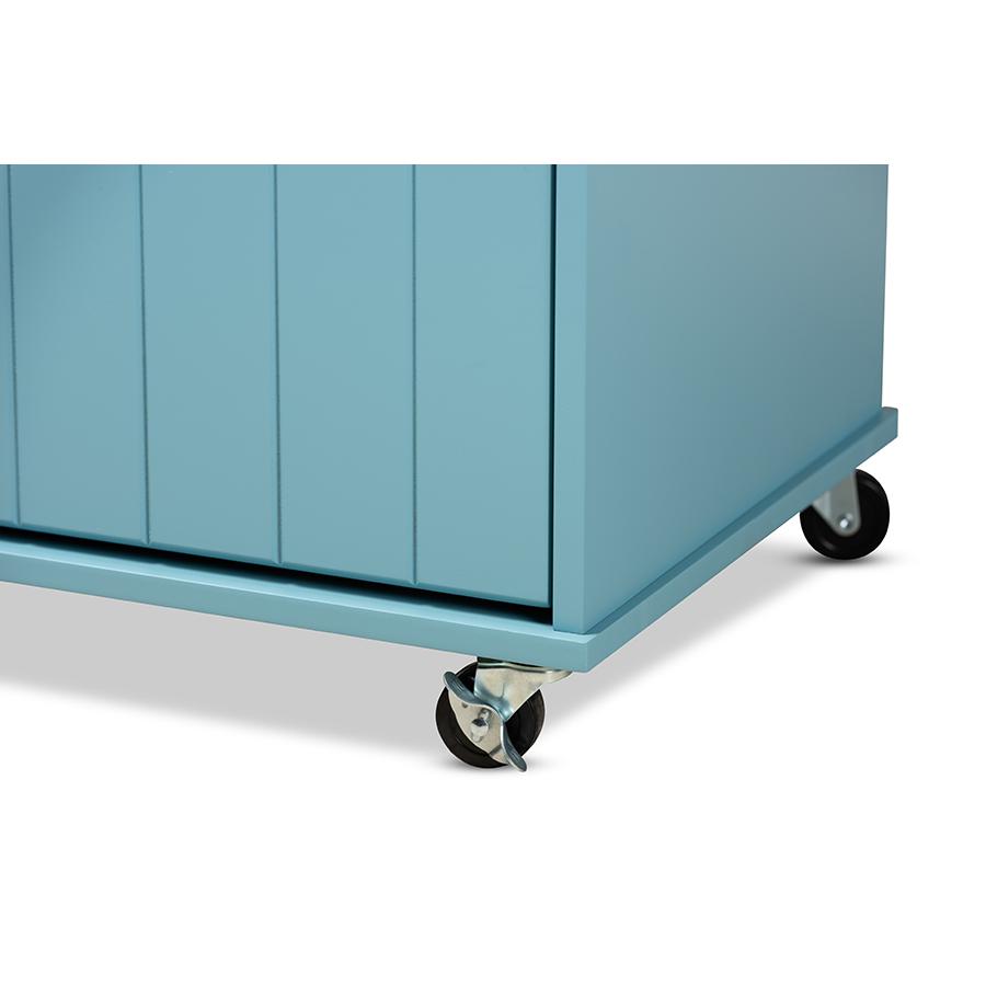 Liona Modern and Contemporary Sky Blue Finished Wood Kitchen Storage Cart. Picture 11