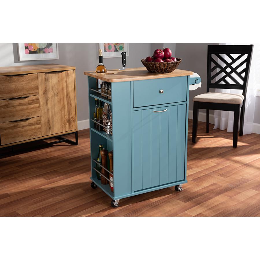 Liona Modern and Contemporary Sky Blue Finished Wood Kitchen Storage Cart. Picture 12