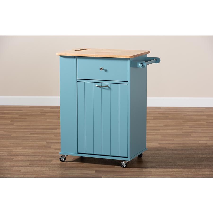 Liona Modern and Contemporary Sky Blue Finished Wood Kitchen Storage Cart. Picture 13
