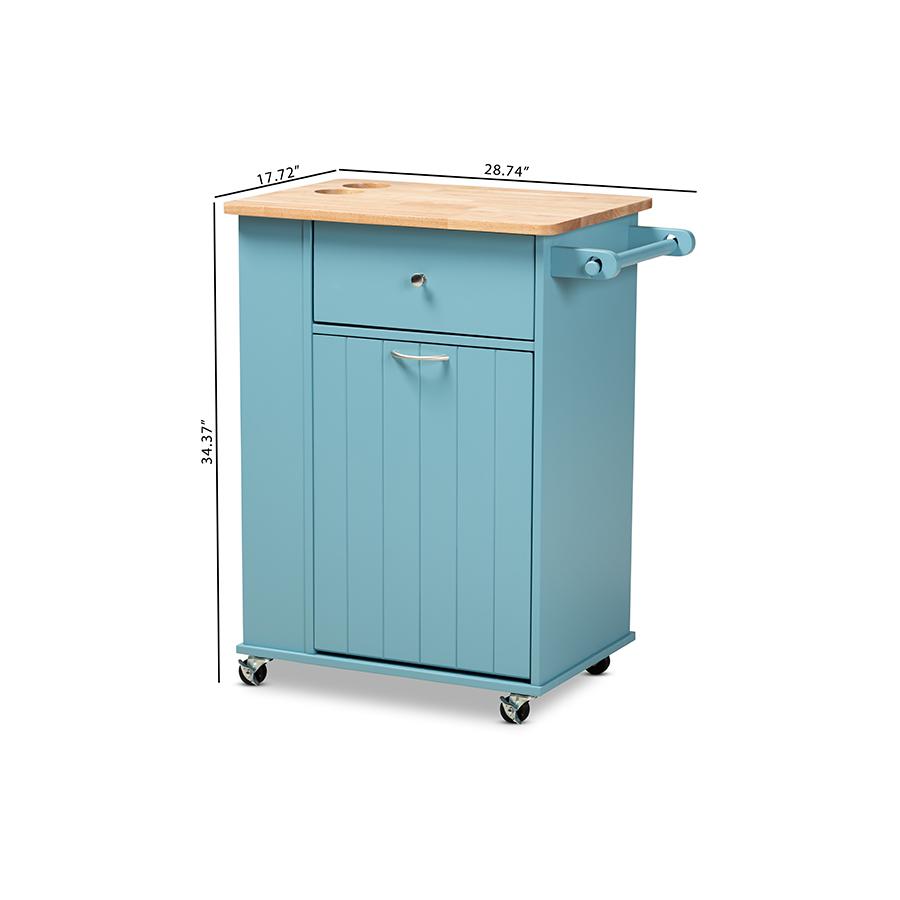 Liona Modern and Contemporary Sky Blue Finished Wood Kitchen Storage Cart. Picture 14