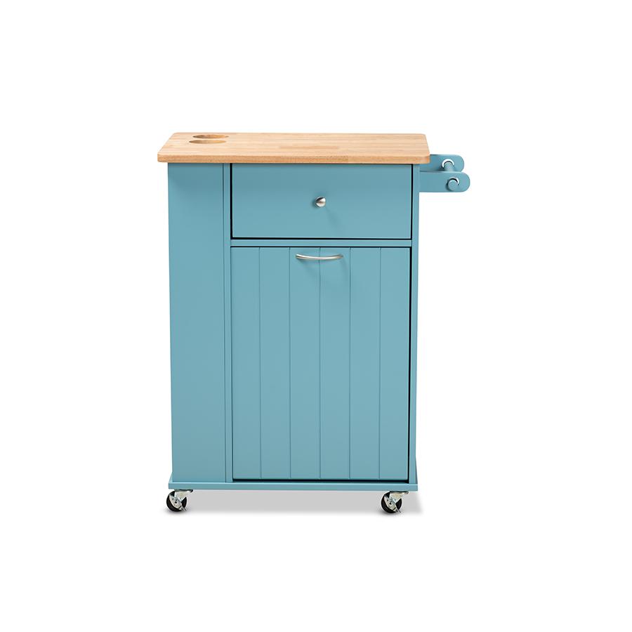 Liona Modern and Contemporary Sky Blue Finished Wood Kitchen Storage Cart. Picture 3