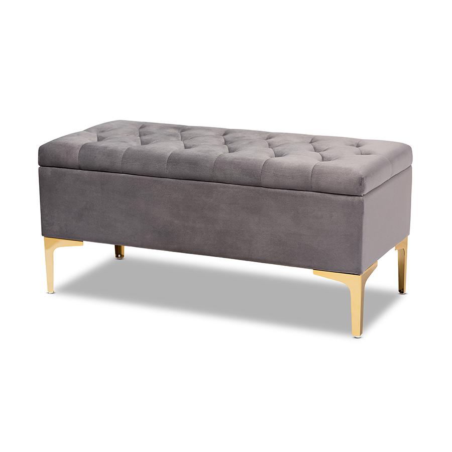 Glam and Luxe Grey Velvet Gold Finished Button Tufted Storage Ottoman. Picture 1