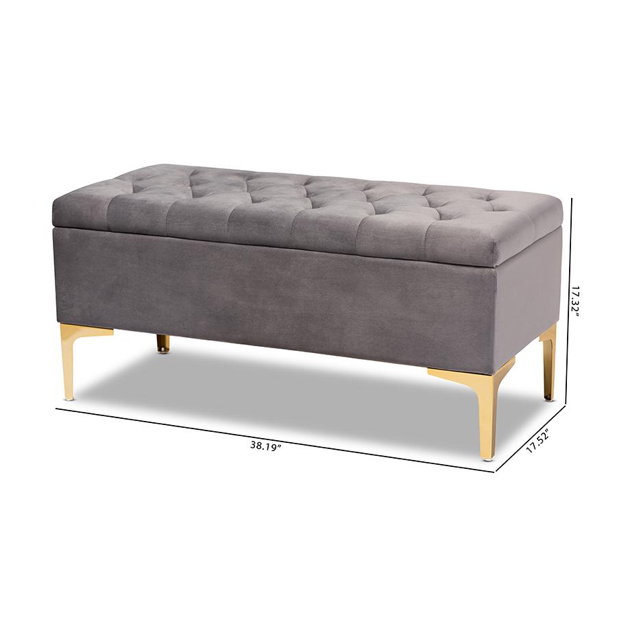 Glam and Luxe Grey Velvet Gold Finished Button Tufted Storage Ottoman. Picture 11
