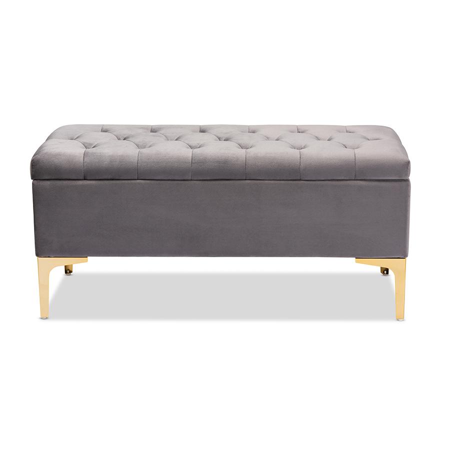 Glam and Luxe Grey Velvet Gold Finished Button Tufted Storage Ottoman. Picture 3