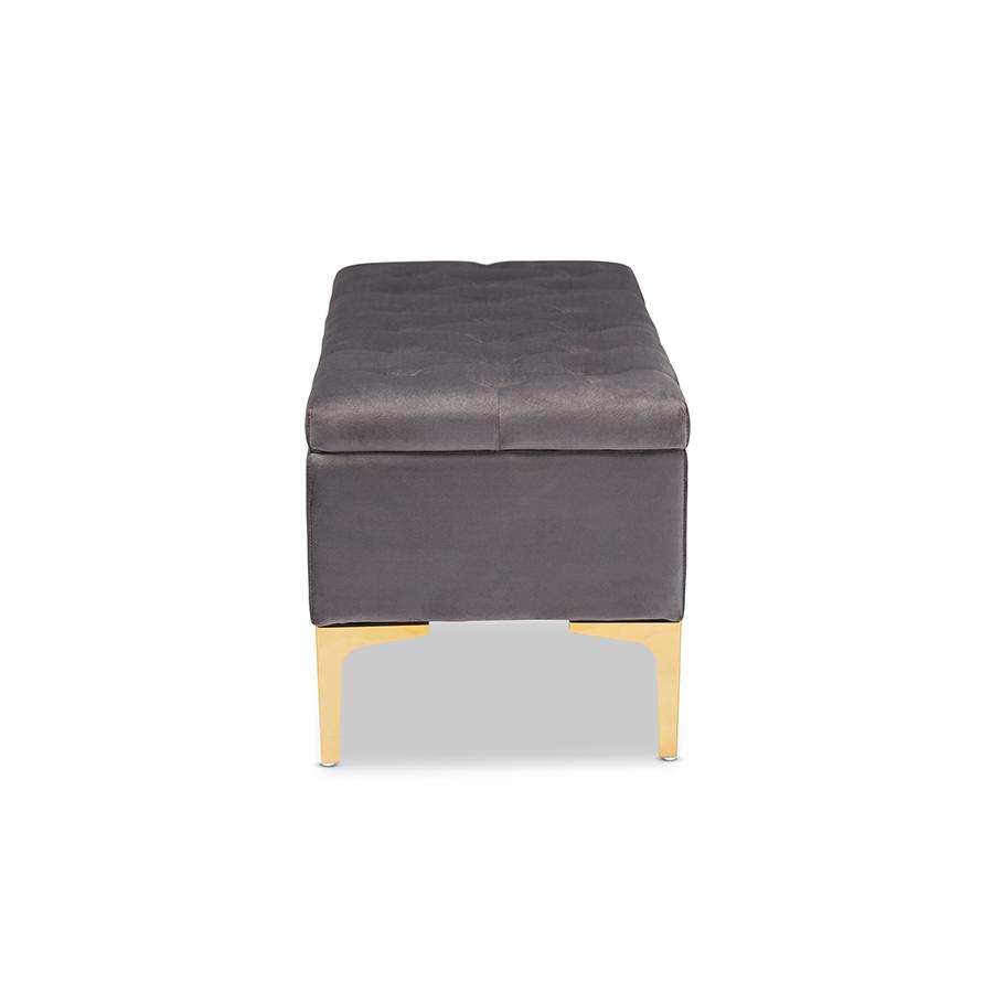 Glam and Luxe Grey Velvet Gold Finished Button Tufted Storage Ottoman. Picture 4