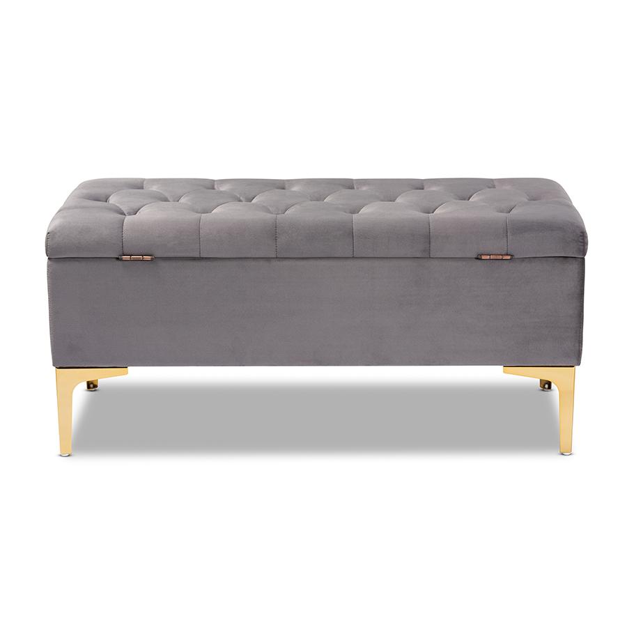 Glam and Luxe Grey Velvet Gold Finished Button Tufted Storage Ottoman. Picture 5