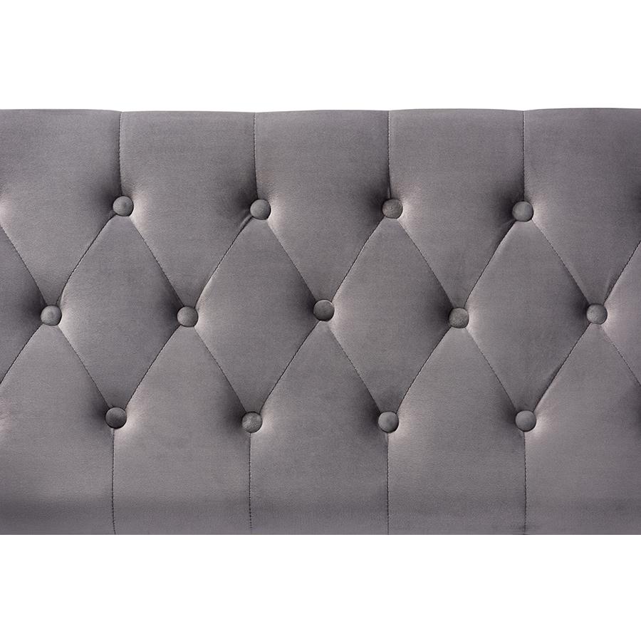 Glam and Luxe Grey Velvet Gold Finished Button Tufted Storage Ottoman. Picture 6