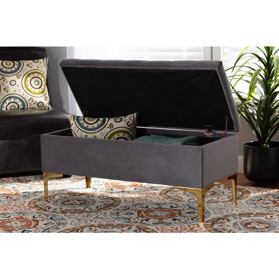 Glam and Luxe Grey Velvet Gold Finished Button Tufted Storage Ottoman. Picture 9