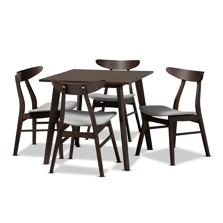 Light Grey Fabric Upholstered Dark Oak Brown Finished 5-Piece Wood Dining Set. Picture 1