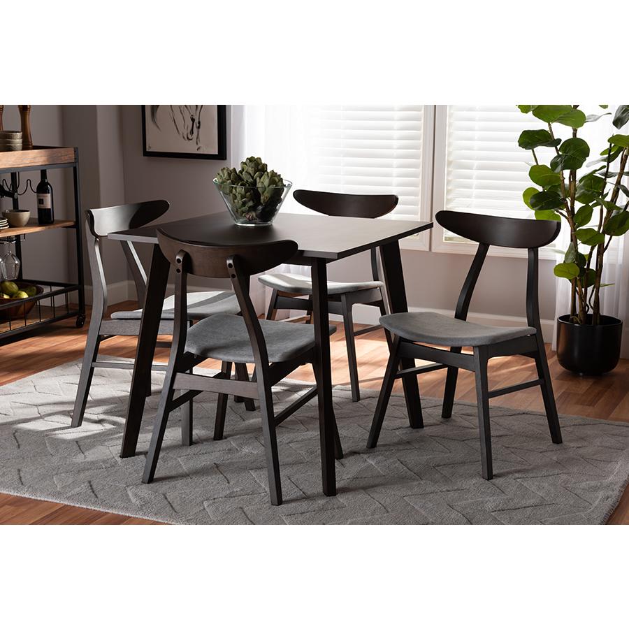 Baxton Studio Britte Mid-Century Modern Light Grey Fabric Upholstered Dark Oak Brown Finished 5-Piece Wood Dining Set. Picture 6