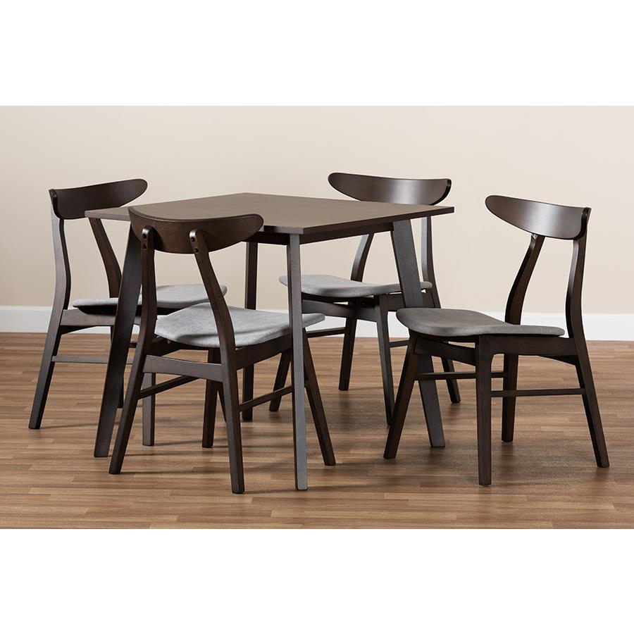 Baxton Studio Britte Mid-Century Modern Light Grey Fabric Upholstered Dark Oak Brown Finished 5-Piece Wood Dining Set. Picture 7