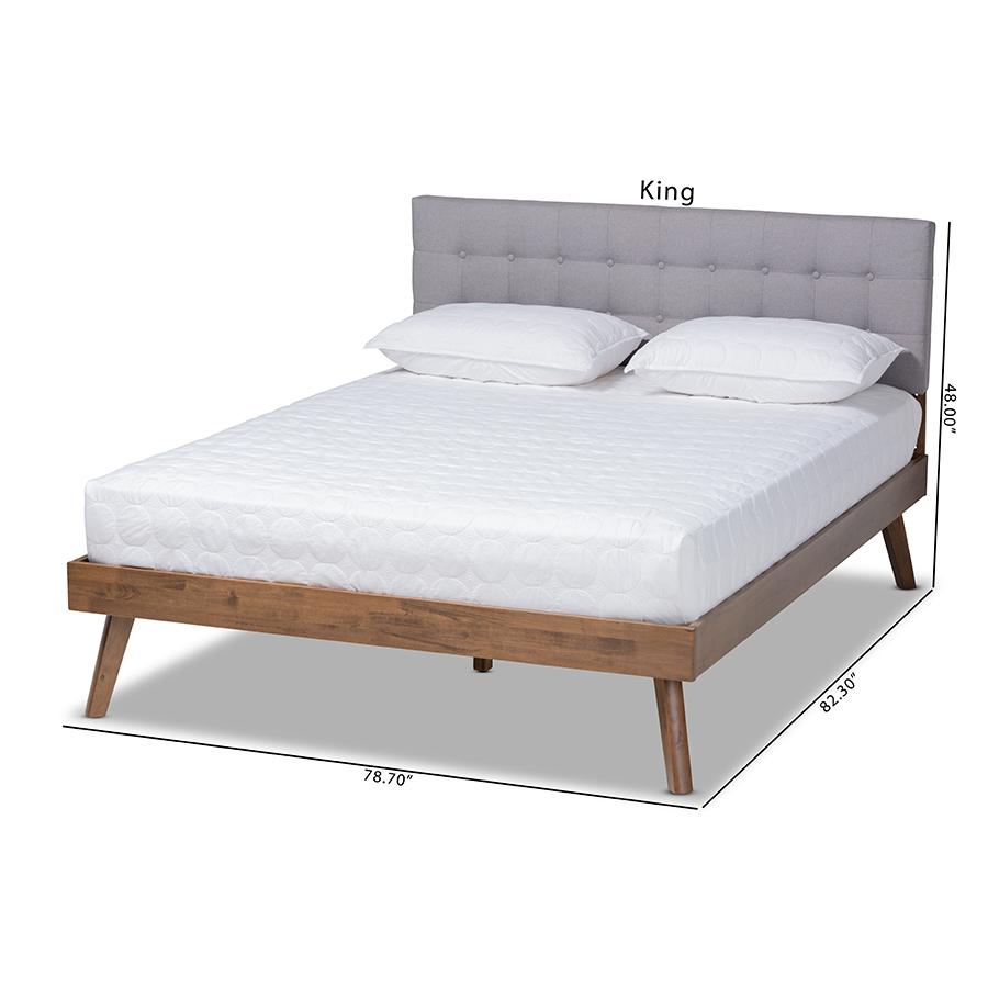 Light Grey Fabric Upholstered Walnut Brown Finished Wood Full Size Platform Bed. Picture 10