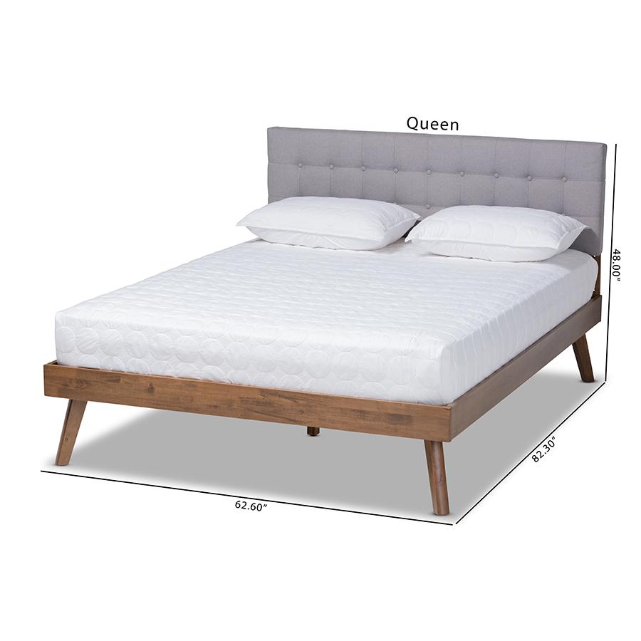 Light Grey Fabric Upholstered Walnut Brown Finished Wood Full Size Platform Bed. Picture 9