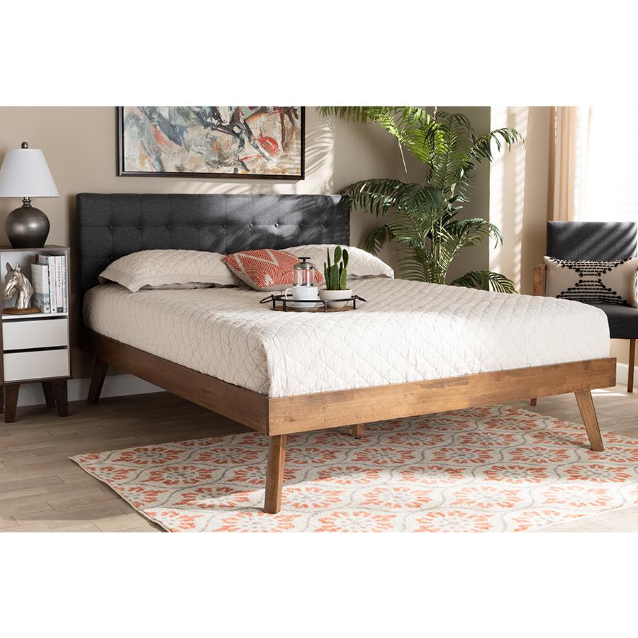 Dark Grey Fabric Upholstered Walnut Brown Finished Wood Full Size Platform Bed. Picture 6