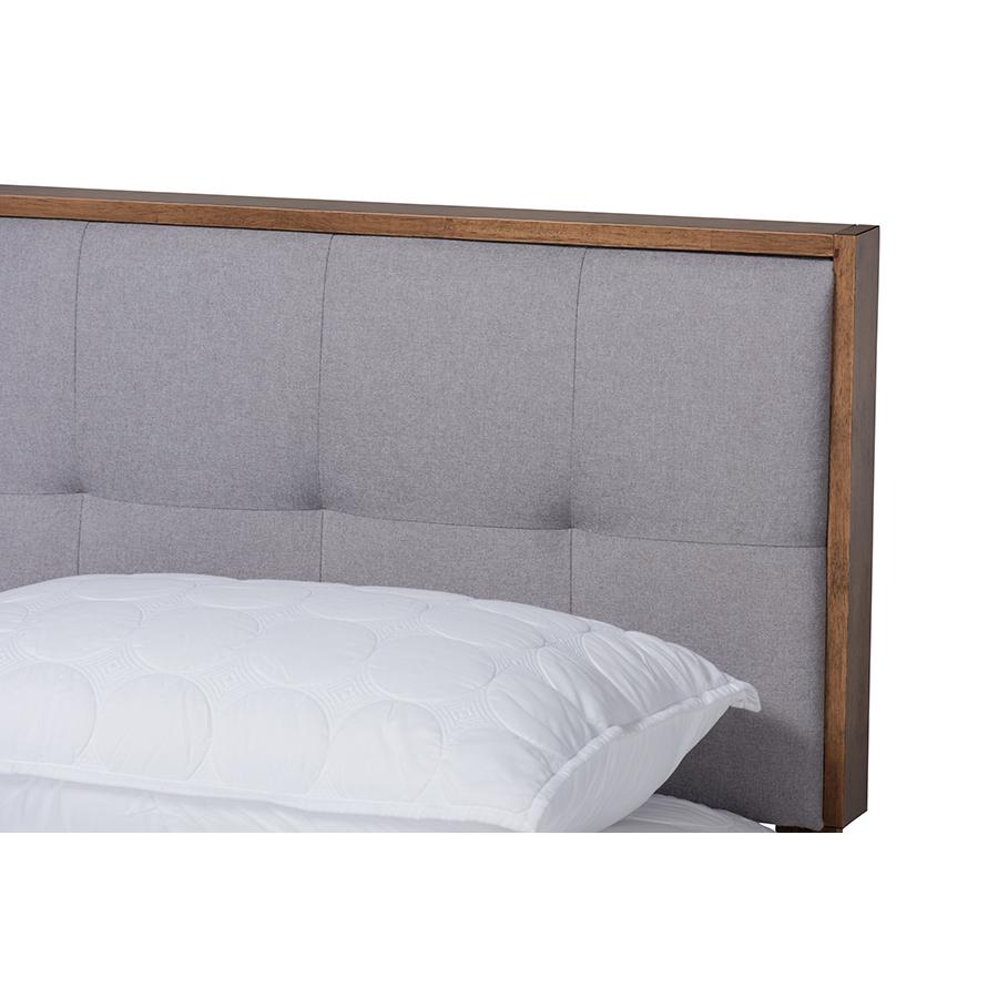 Light Grey Fabric Upholstered Walnut Brown Finished Wood Full Size Platform Bed. Picture 4