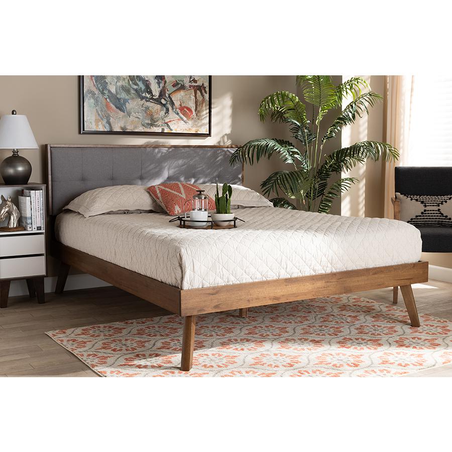Light Grey Fabric Upholstered Walnut Brown Finished Wood Full Size Platform Bed. Picture 6