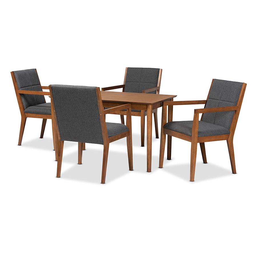 Dark Grey Fabric Upholstered and Walnut Brown Finished Wood 5-Piece Dining Set. Picture 1