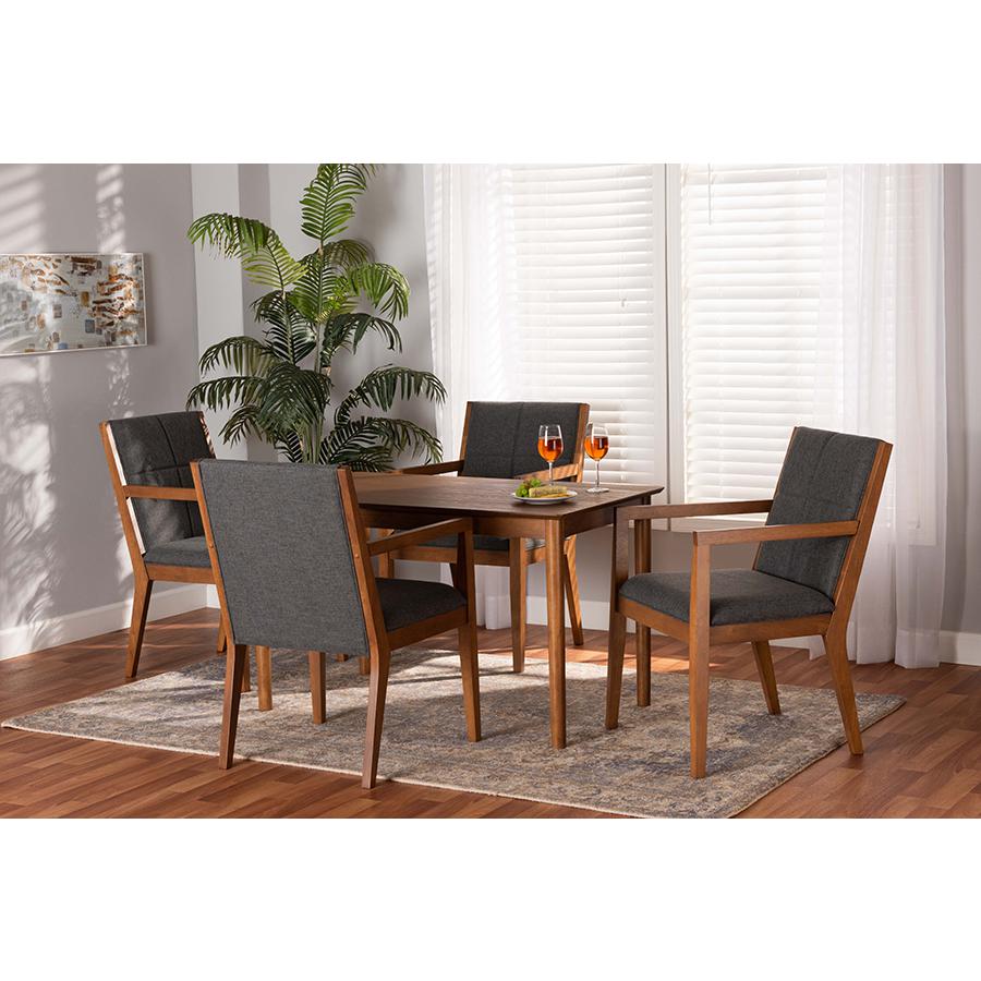 Dark Grey Fabric Upholstered and Walnut Brown Finished Wood 5-Piece Dining Set. Picture 8
