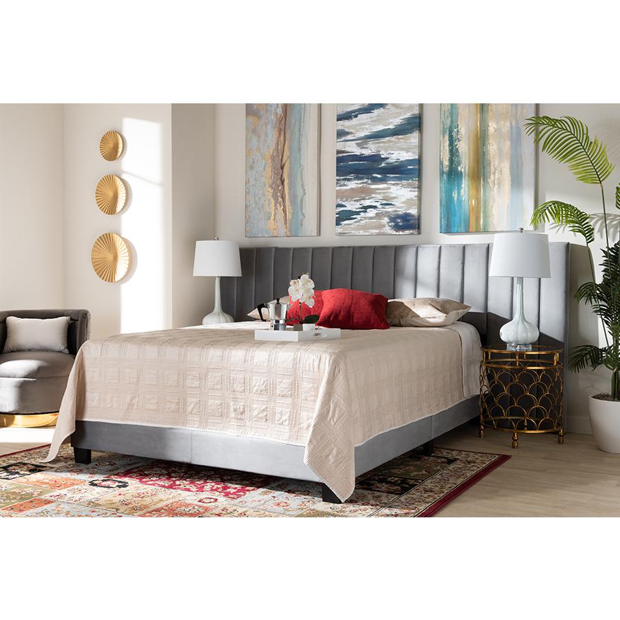 Baxton Studio Fiorenza Glam and Luxe Grey Velvet Fabric Upholstered King Size Panel Bed with Extra Wide Channel Tufted Headboard. Picture 6