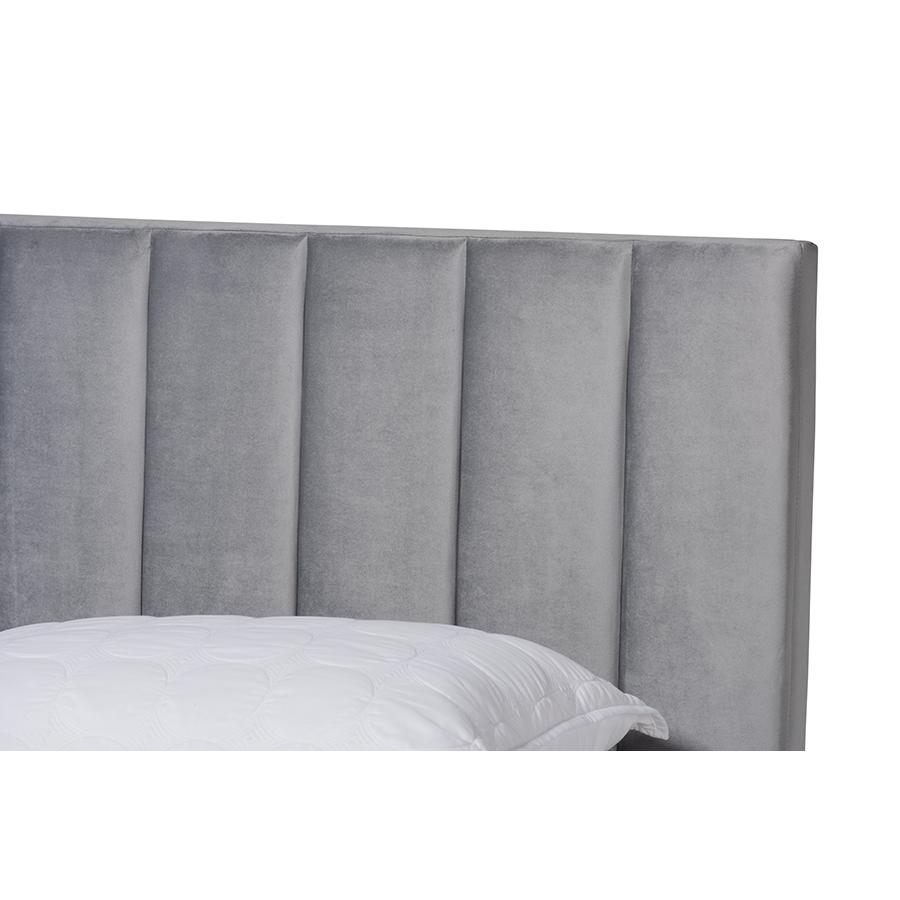 Baxton Studio Clare Glam and Luxe Grey Velvet Fabric Upholstered King Size Panel Bed with Channel Tufted Headboard. Picture 4