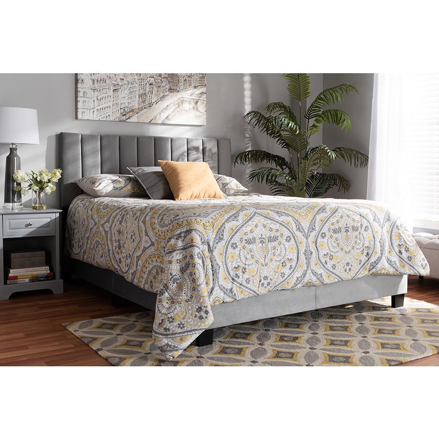 Baxton Studio Clare Glam and Luxe Grey Velvet Fabric Upholstered King Size Panel Bed with Channel Tufted Headboard. Picture 6