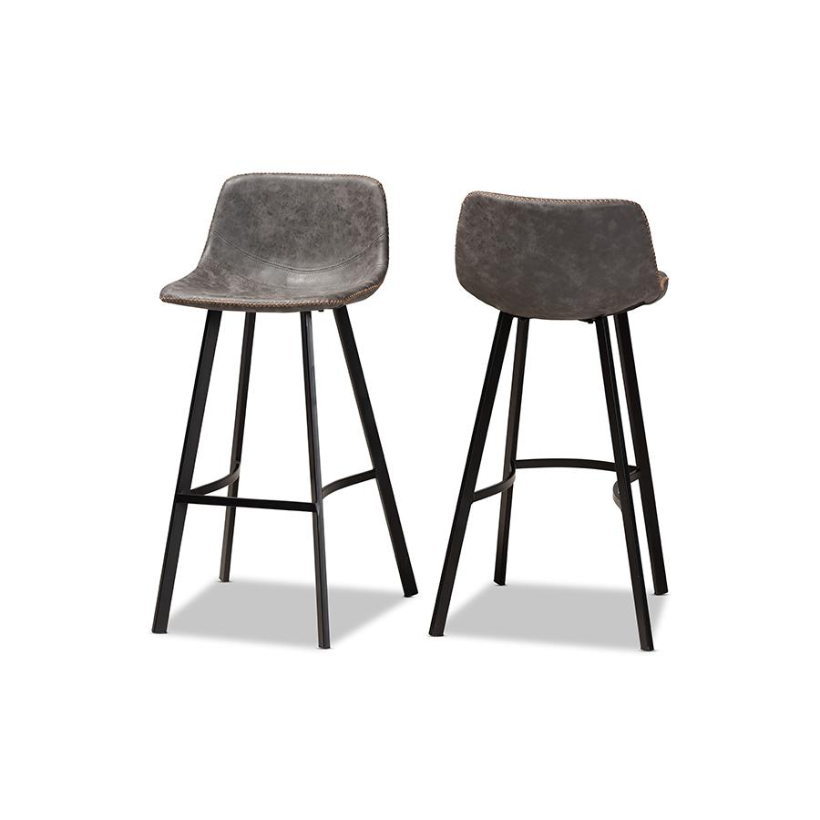 Baxton Studio Tani Rustic Industrial Grey and Brown Faux Leather Upholstered Black Finished 2-Piece Metal Bar Stool Set. Picture 1