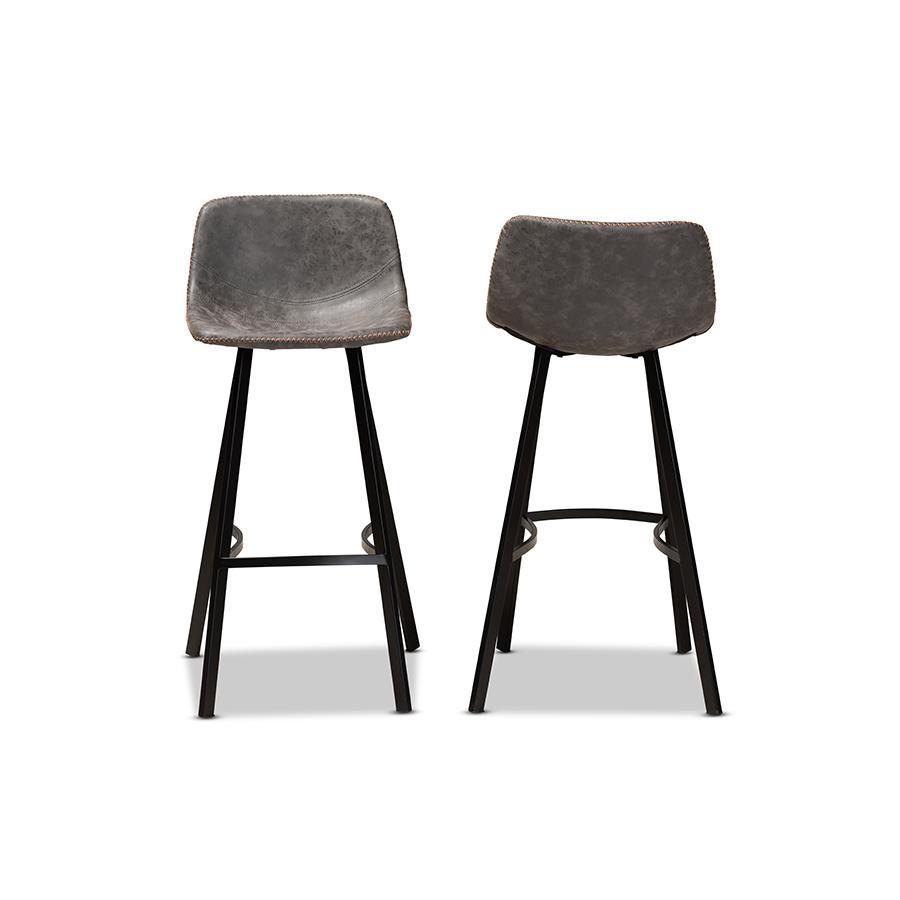 Baxton Studio Tani Rustic Industrial Grey and Brown Faux Leather Upholstered Black Finished 2-Piece Metal Bar Stool Set. Picture 3