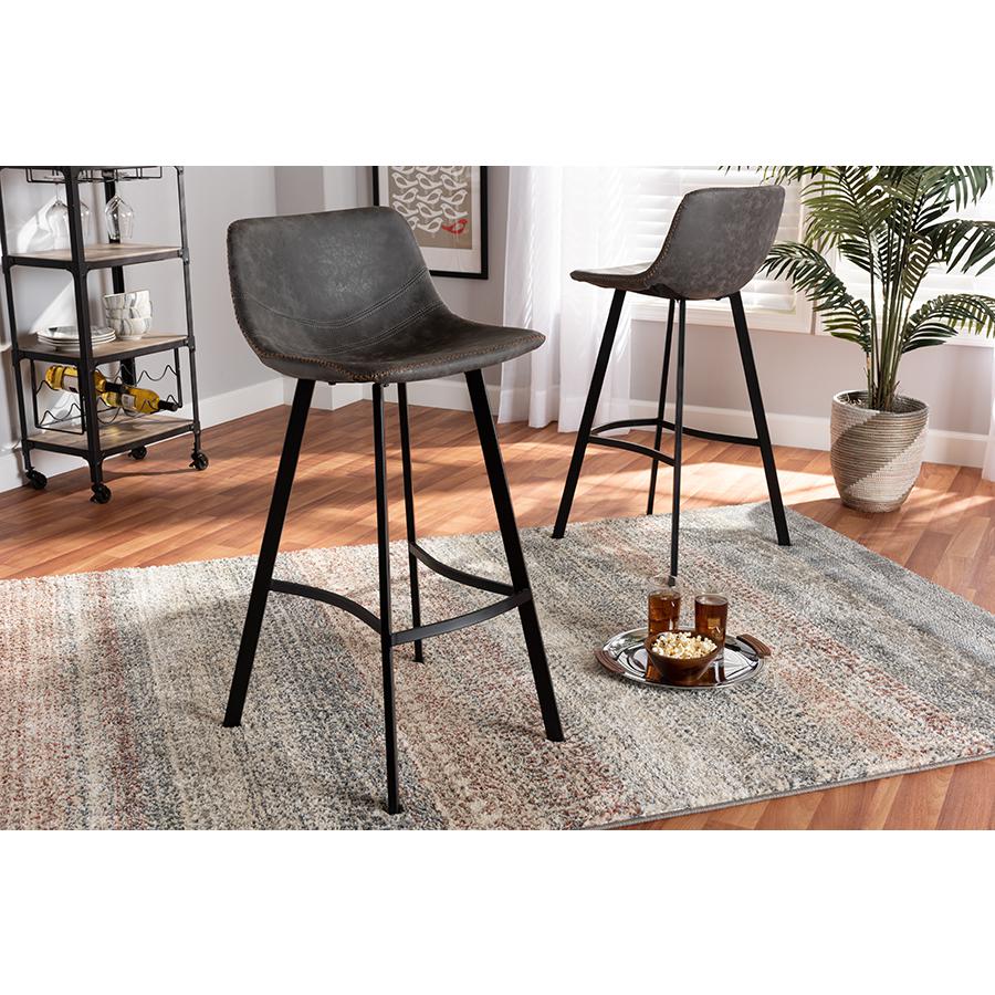 Baxton Studio Tani Rustic Industrial Grey and Brown Faux Leather Upholstered Black Finished 2-Piece Metal Bar Stool Set. Picture 2