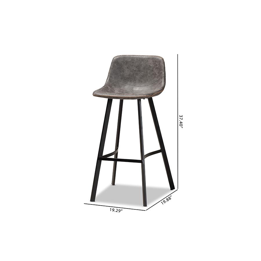 Baxton Studio Tani Rustic Industrial Grey and Brown Faux Leather Upholstered Black Finished 2-Piece Metal Bar Stool Set. Picture 8
